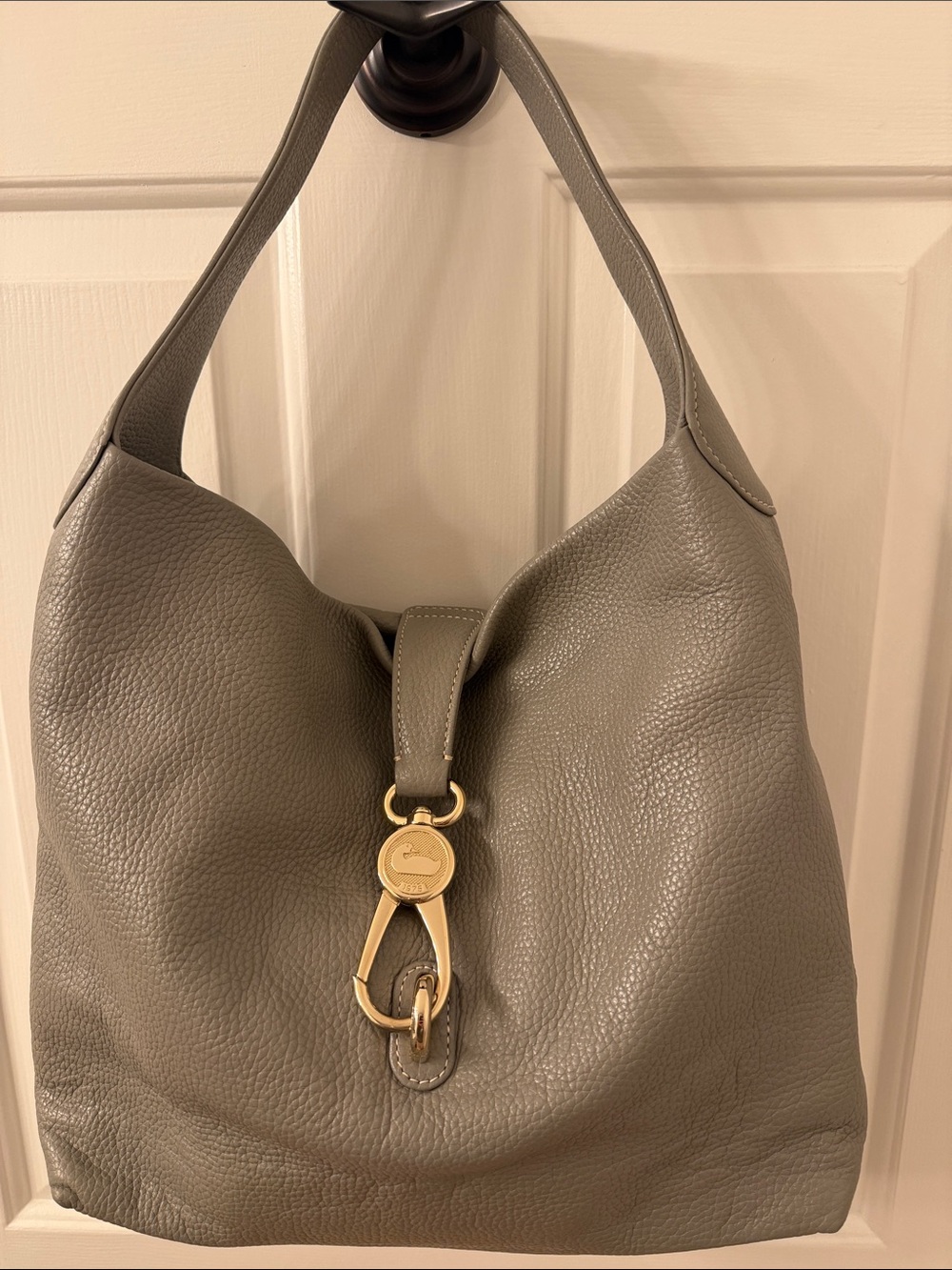 Gray Leather Shoulder Hobo Bag with Gold Hardware